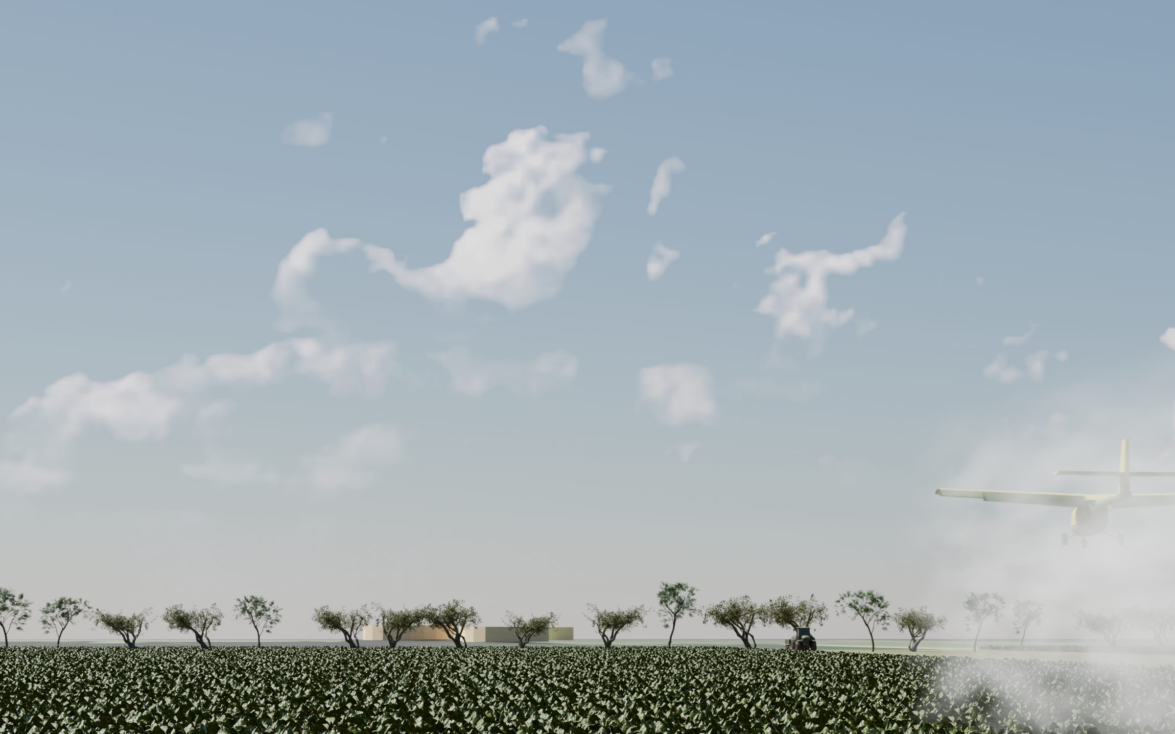 Across a soybean field: the tail and one wing of a distant yellow aircraft, half hidden in its own spray haze, at the right edge of the frame.